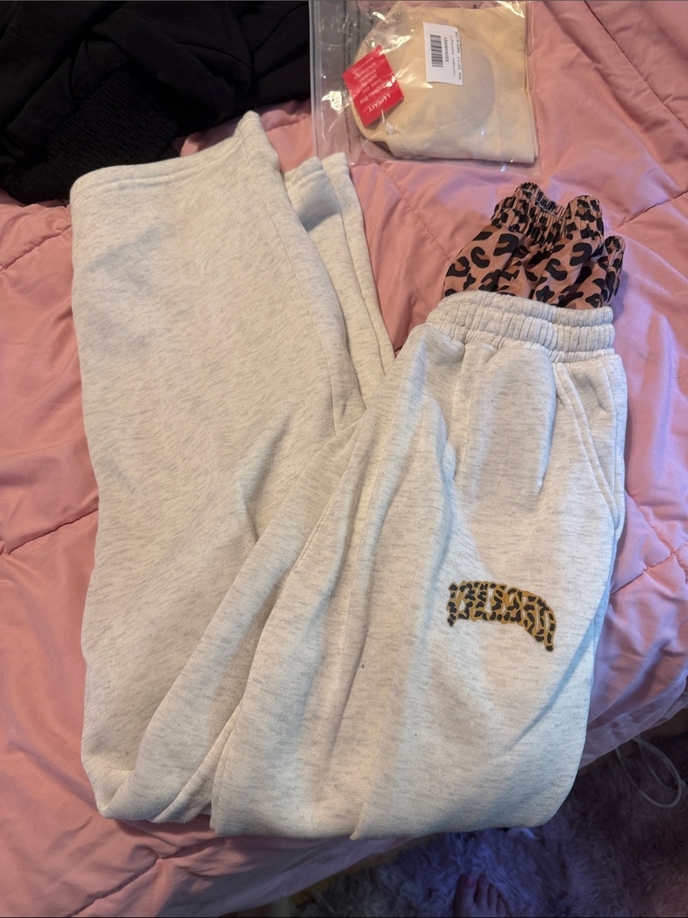 Light Gray Women's Sweatpants with Leopard Patch Accent